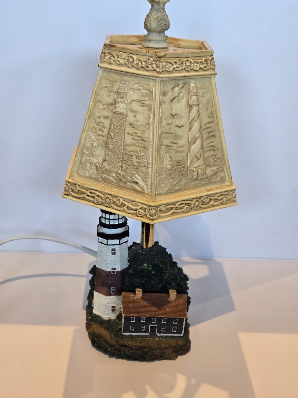 Vintage Resin Lighthouse Lamp w/ Decorated 6-Panel Lithophane Shade, Finial